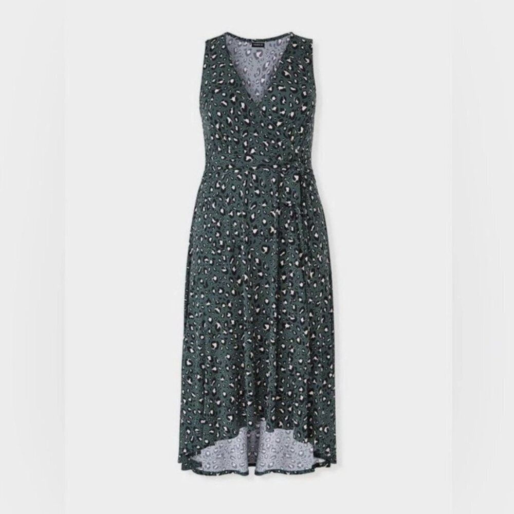Torrid Studio Knit Wrap Dress Stretch Hi-Lo Glam Green Leopard 00 (US 10) Glam - Picture 3 of 15